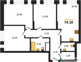 Планировка трехкомнатной(квартира) площадью 74.1 квадратных метров в “ЖК Первый Московский”
