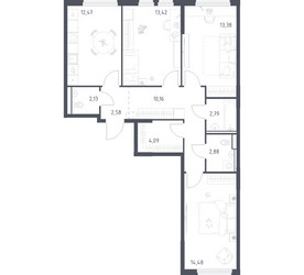 Планировка трехкомнатной(квартира) площадью 78.38 квадратных метров в ЖК “ЖК Пригород Лесное”
