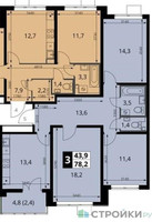 Планировка трехкомнатной(квартира) площадью 78.2 квадратных метров в “ЖК 1-й Южный (Первый Южный)”