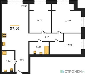 Планировка трехкомнатной(квартира) площадью 97.6 квадратных метров в ЖК “ЖК МОНС”