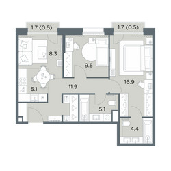 Планировка трехкомнатной(квартира) площадью 62.2 квадратных метров в ЖК “ЖК Станиславский”