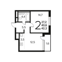 Планировка двухкомнатной(квартира) площадью 42.2 квадратных метров в “Новые Ватутинки. Заречный”