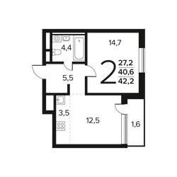 Планировка двухкомнатной(квартира) площадью 42.2 квадратных метров в ЖК “Новые Ватутинки. Заречный”