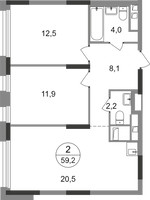 Планировка двухкомнатной(квартира) площадью 59.2 квадратных метров в “ЖК Переделкино Ближнее”