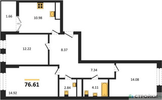 Планировка трехкомнатной(квартира) площадью 76.61 квадратных метров в “ЖК Дюна”