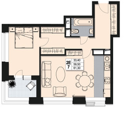 Планировка двухкомнатной(квартира) площадью 59.5 квадратных метров в ЖК “ЖК Атлантис”