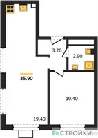 Планировка однокомнатной(квартира) площадью 35.9 квадратных метров в “ЖК Лучи-2”