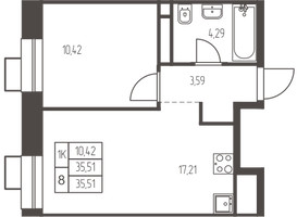 Планировка однокомнатной(квартира) площадью 35.5 квадратных метров в “ЖК Новая Ивантеевка”