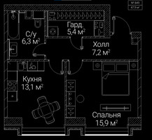 Планировка однокомнатной(квартира) площадью 47.9 квадратных метров в “ЖК СЕЗАР БУДУЩЕЕ”
