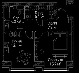 Планировка однокомнатной(квартира) площадью 47.9 квадратных метров в ЖК “ЖК СЕЗАР БУДУЩЕЕ”