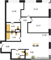 Планировка трехкомнатной(квартира) площадью 92 квадратных метров в ЖК “ЖК Собрание клубных домов West Garden (Вест Гарден)”