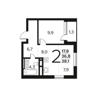 Планировка двухкомнатной(квартира) площадью 38.1 квадратных метров в “Новые Ватутинки. Заречный”