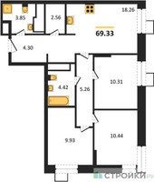 Планировка трехкомнатной(квартира) площадью 69.33 квадратных метров в “ЖК Апарт-отель Тропарево парк”