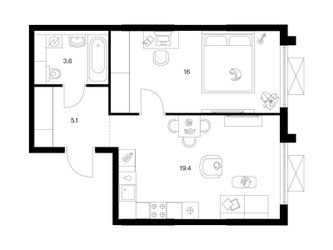 Планировка однокомнатной(квартира) площадью 44.1 квадратных метров в ЖК “ЖК Зеленый парк”