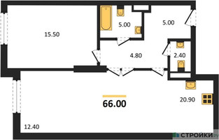 Планировка однокомнатной(квартира) площадью 66 квадратных метров в “ЖК Крылатская 33”
