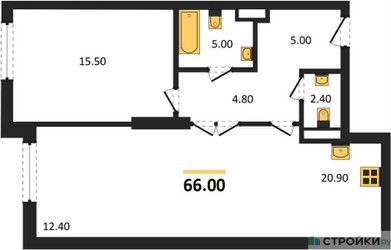 Планировка однокомнатной(квартира) площадью 66 квадратных метров в ЖК “ЖК Крылатская 33”