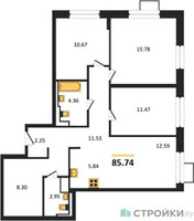 Планировка трехкомнатной(квартира) площадью 85.74 квадратных метров в “ЖК Алхимово”
