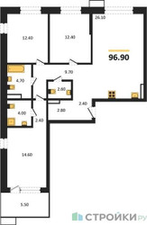 Планировка трехкомнатной(квартира) площадью 96.9 квадратных метров в ЖК “ЖК Дзен-кварталы”