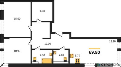 Планировка двухкомнатной(квартира) площадью 69.8 квадратных метров в ЖК “ЖК Квартал Западный”