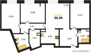 Планировка трехкомнатной(квартира) площадью 96.9 квадратных метров в “ЖК Родина Переделкино”