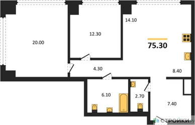 Планировка двухкомнатной(квартира) площадью 75.3 квадратных метров в ЖК “ЖК Very (Вери)”