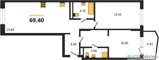 Планировка двухкомнатной(квартира) площадью 69.4 квадратных метров в “ЖК "Коллекция"”