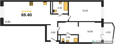 Планировка двухкомнатной(квартира) площадью 69.4 квадратных метров в ЖК “ЖК "Коллекция"”
