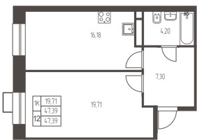 Планировка однокомнатной(квартира) площадью 47.4 квадратных метров в “ЖК Новая Ивантеевка”