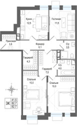 Планировка трехкомнатной(квартира) площадью 82.7 квадратных метров в ЖК “ЖК КИНОКВАРТАЛ”