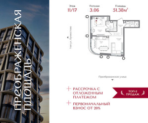 Планировка однокомнатной(квартира) площадью 51.38 квадратных метров в ЖК “ЖК Преображенская Площадь”