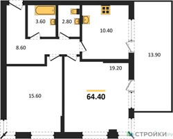 Планировка двухкомнатной(квартира) площадью 64.4 квадратных метров в “ЖК VERY на Миклухо-Маклая (Вери на Миклухо-Маклая)”