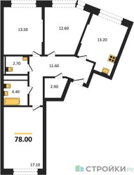 Планировка трехкомнатной(квартира) площадью 78 квадратных метров в ЖК “ЖК Переделкино Ближнее”