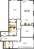 Планировка трехкомнатной(квартира) площадью 101.09 квадратных метров в “Квартал Foriver”