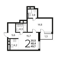 Планировка двухкомнатной(квартира) площадью 49.7 квадратных метров в “Новые Ватутинки. Заречный”