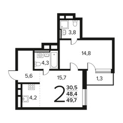 Планировка двухкомнатной(квартира) площадью 49.7 квадратных метров в ЖК “Новые Ватутинки. Заречный”