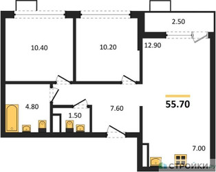 Планировка двухкомнатной(квартира) площадью 55.7 квадратных метров в ЖК “ЖК Южные сады”