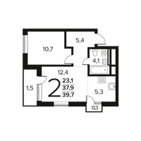 Планировка двухкомнатной(квартира) площадью 39.7 квадратных метров в “Новые Ватутинки. Заречный”