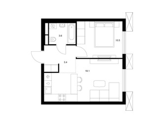 Планировка однокомнатной(квартира) площадью 37.6 квадратных метров в ЖК “ЖК Яуза Парк (Мытищи)”