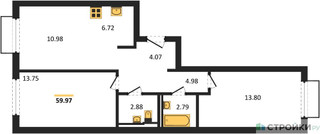 Планировка двухкомнатной(квартира) площадью 59.97 квадратных метров в “ЖК Пригород Лесное”