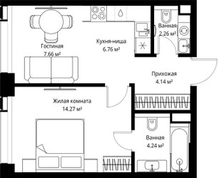 Планировка однокомнатной(квартира) площадью 39.33 квадратных метров в ЖК “ЖК Веер”