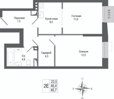Планировка двухкомнатной(квартира) площадью 46.4 квадратных метров в “ЖК КИНОКВАРТАЛ”