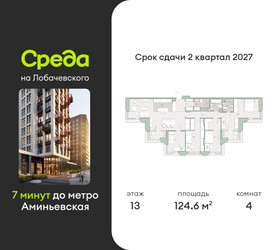 Планировка 4+ комнатной(квартира) площадью 124.6 квадратных метров в ЖК “ЖК Среда на Лобачевского”