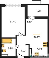Планировка однокомнатной(квартира) площадью 36.1 квадратных метров в “ЖК Бунинские кварталы”
