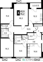Планировка трехкомнатной(квартира) площадью 76.2 квадратных метров в “ЖК 1-й Ленинградский (Первый Ленинградский)”