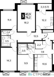 Планировка трехкомнатной(квартира) площадью 76.2 квадратных метров в ЖК “ЖК 1-й Ленинградский (Первый Ленинградский)”
