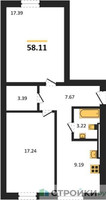Планировка двухкомнатной(квартира) площадью 58.11 квадратных метров в “ЖК Парк Апрель”