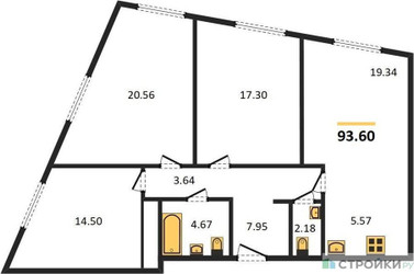Планировка трехкомнатной(квартира) площадью 93.6 квадратных метров в “Жилой квартал Кутузов Град”
