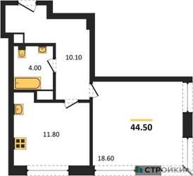 Планировка однокомнатной(квартира) площадью 44.5 квадратных метров в ЖК “ЖК Мираполис”