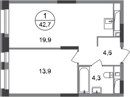 Планировка однокомнатной(квартира) площадью 42.7 квадратных метров в “ЖК Первый Московский”