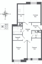 Планировка трехкомнатной(квартира) площадью 71.1 квадратных метров в ЖК “ЖК КИНОКВАРТАЛ”
